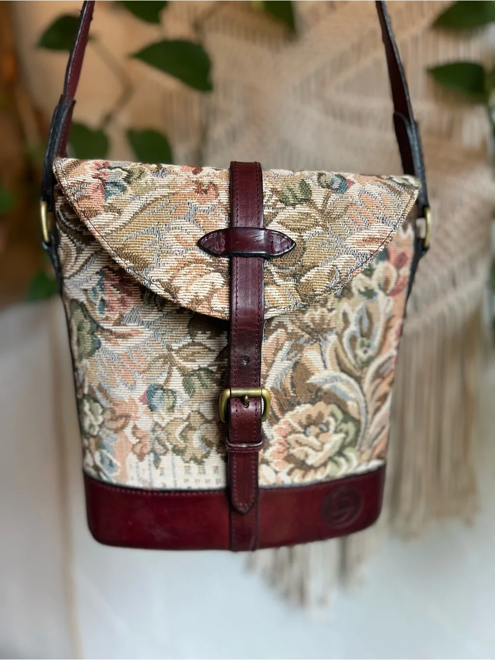 Vintage Floral Tapestry Crossbody Bag Leather Boho Cottagecore Bucket Purse - Picture 14 of 14
